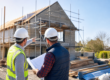 Professional builders reviewing house extension plans at a residential construction site in Newton Abbot