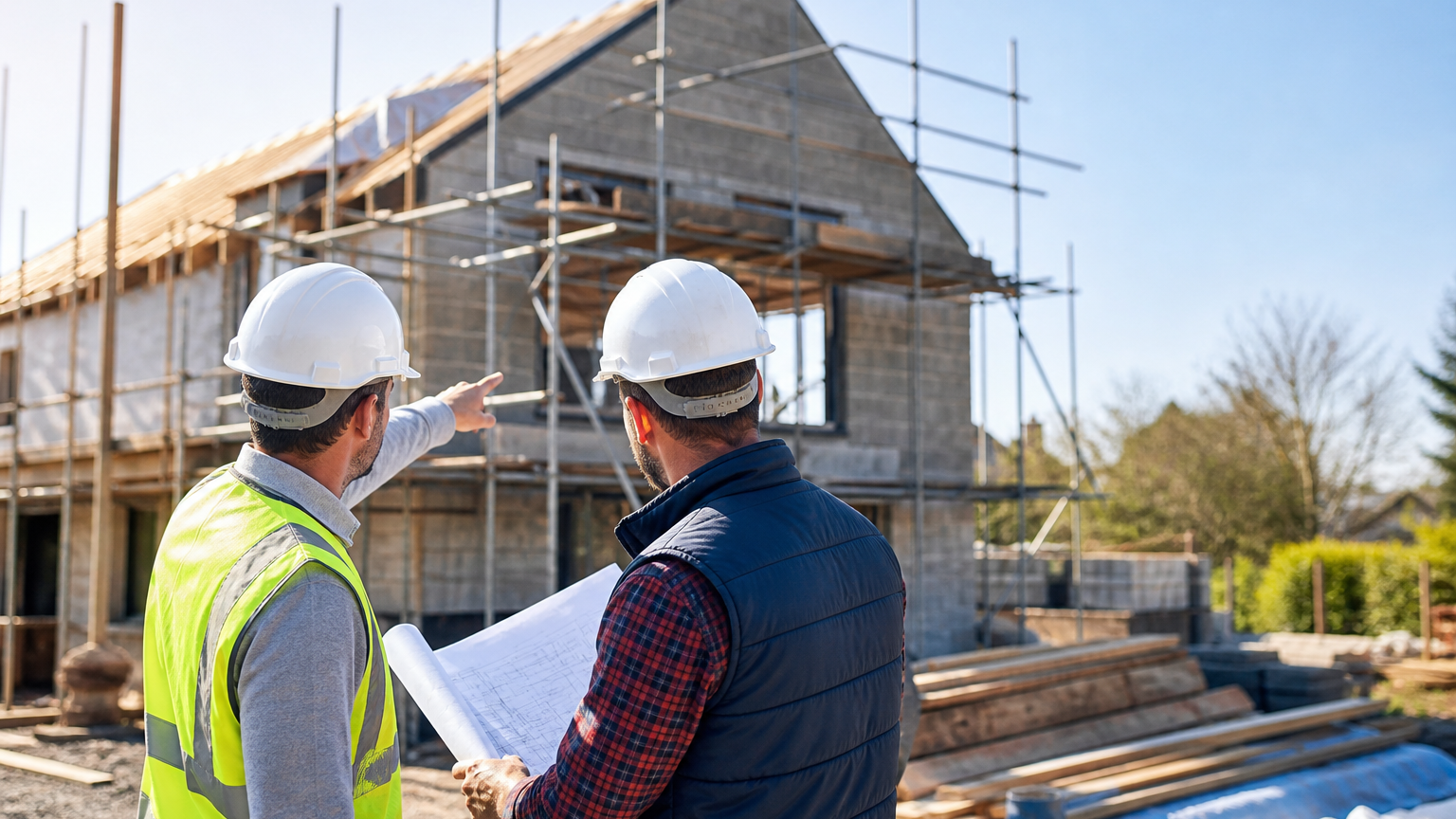 Professional builders reviewing house extension plans at a residential construction site in Newton Abbot