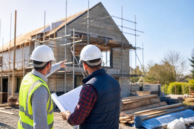 Professional builders reviewing house extension plans at a residential construction site in Newton Abbot