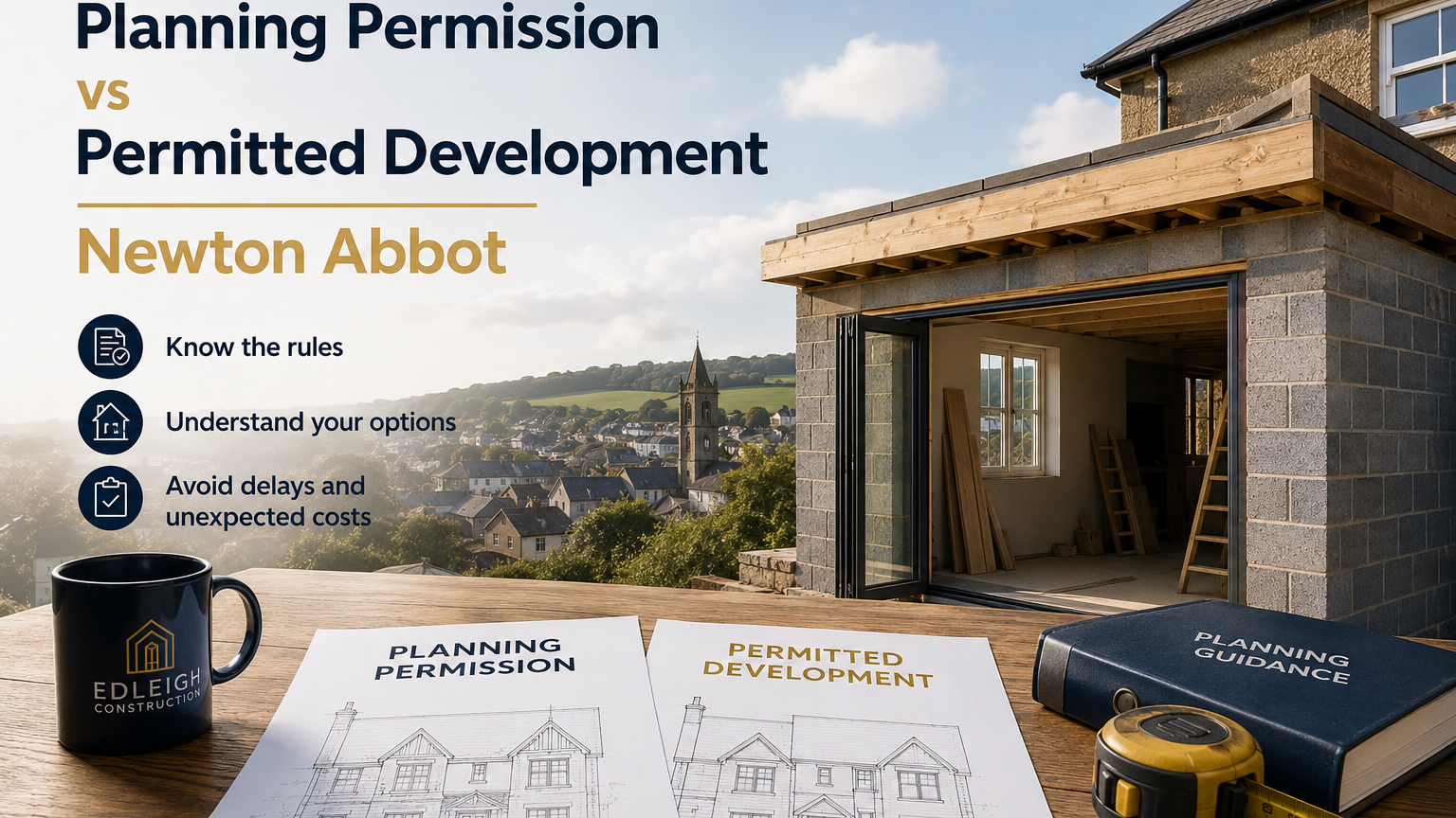 Home extension project in Newton Abbot illustrating the difference between planning permission and permitted development for homeowners planning building works.