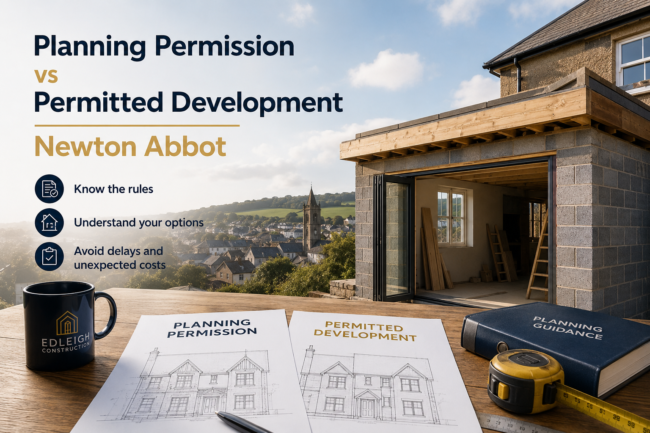 Home extension project in Newton Abbot illustrating the difference between planning permission and permitted development for homeowners planning building works.