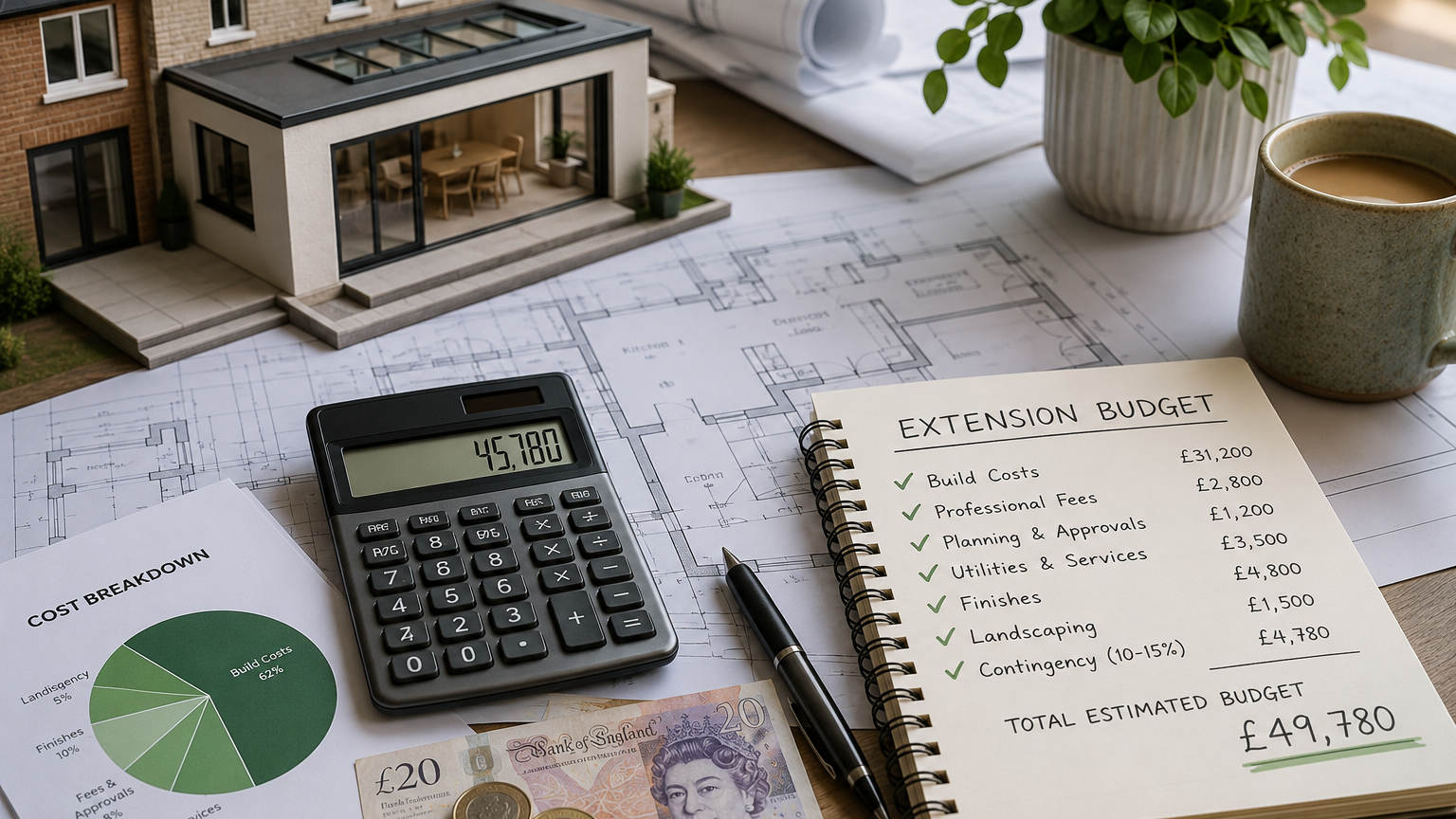 Architectural plans, house extension model, calculator and budget notes illustrating house extension costs in Devon.