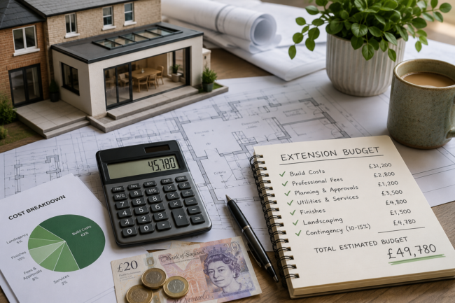 Architectural plans, house extension model, calculator and budget notes illustrating house extension costs in Devon.