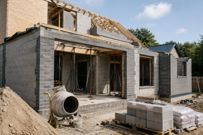 Partially completed home extension under construction in Newton Abbot showing brickwork, roof structure and building materials on site.