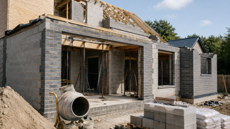 Partially completed home extension under construction in Newton Abbot showing brickwork, roof structure and building materials on site.