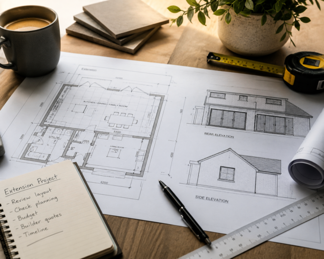 Architectural drawings and house extension plans on a desk, representing the planning stage of a home extension project in Newton Abbot.
