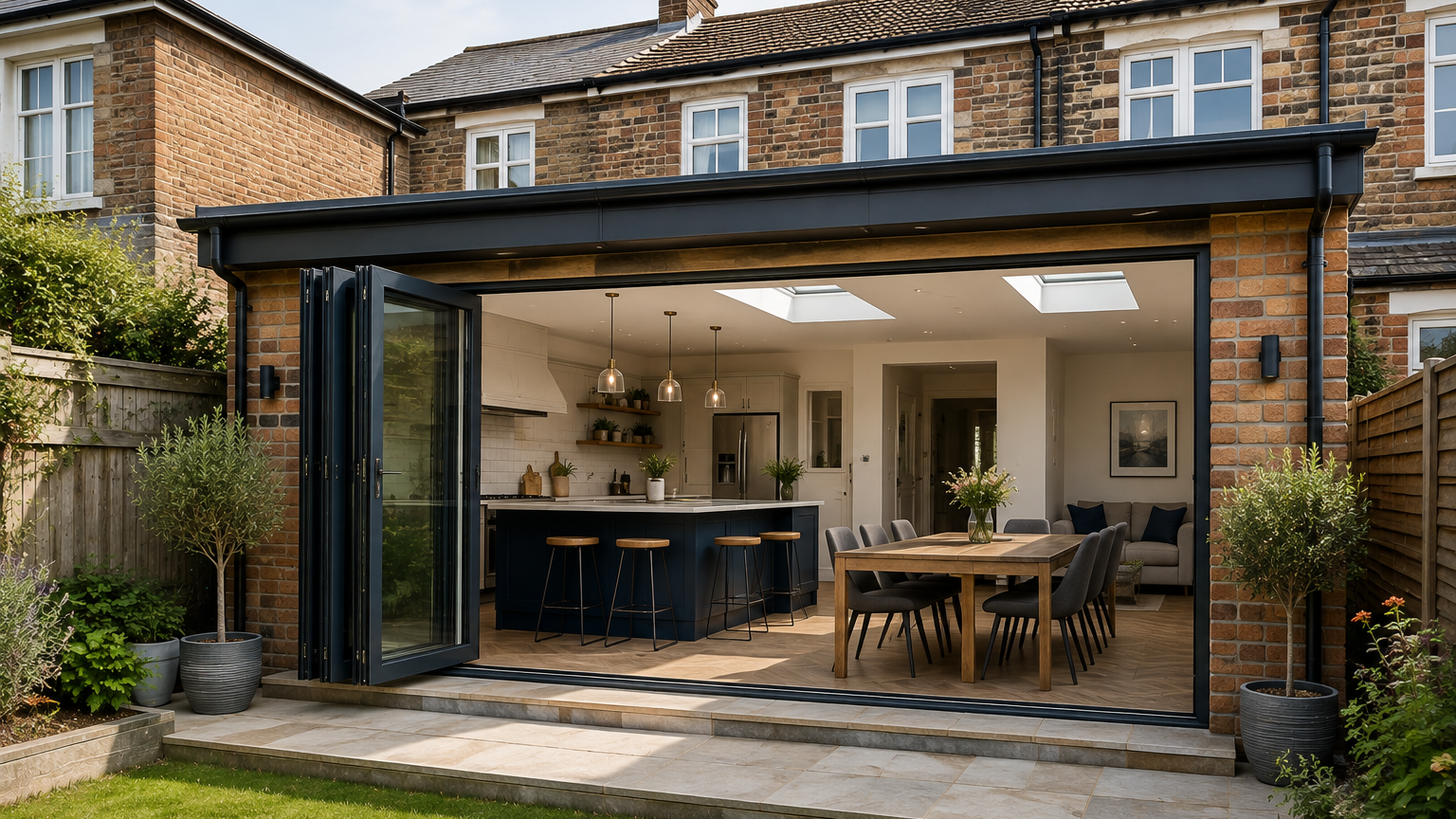 Modern rear home extension in Devon with open-plan kitchen, dining area and bi-fold doors opening onto the garden.
