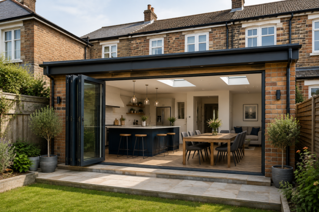 Modern rear home extension in Devon with open-plan kitchen, dining area and bi-fold doors opening onto the garden.