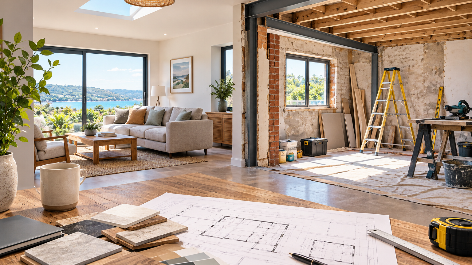 Home renovation project showing a modernised living space and construction work in Devon