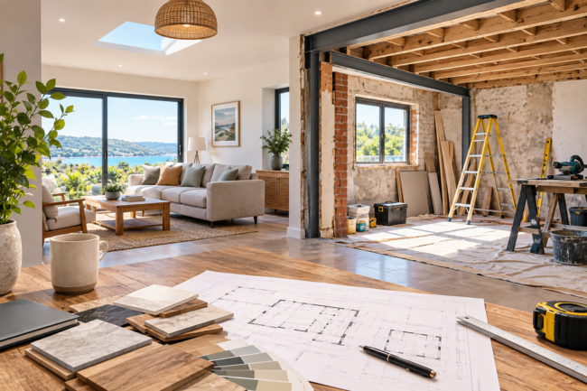 Home renovation project showing a modernised living space and construction work in Devon
