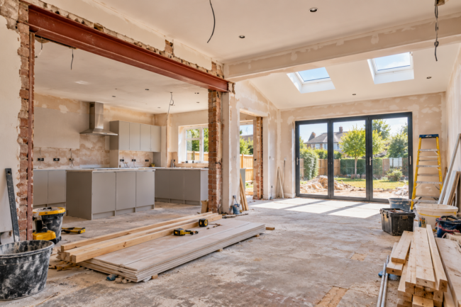 Home renovation project in progress with open-plan kitchen and living space